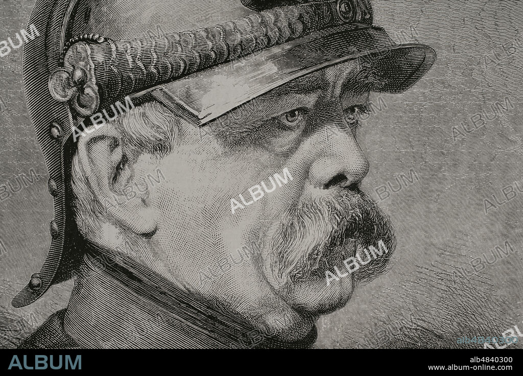 Otto von Bismarck (1815-1898). German statesman and politician. Artificer of the German unification. The Prince of Bismarck, Honorary President of the Berlin Conference (1884-1885). Portrait. Engraving, detail. La Ilustración Española y Americana, 1878.