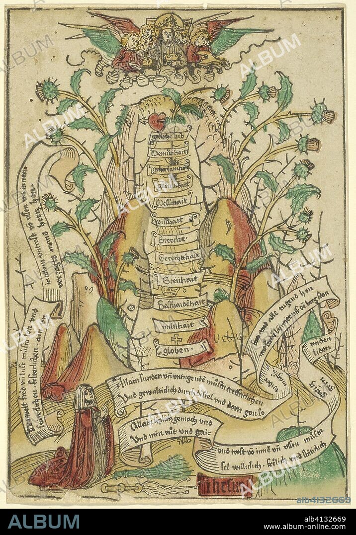 UNKNOWN ARTIST. The Way of Salvation. Artist Unknown; German, active c. 1490. Date: 1485-1495. Dimensions: 263 × 180 mm (image/sheet); 267 × 184 mm (backing). Woodcut in black hand colored with brush and watercolor on cream laid paper, laid down on cream laid paper. Origin: Germany.