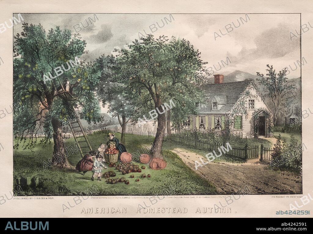 American Homestead, Autumn, 1869. And James Merritt Ives (American, 1824-1895), Nathaniel Currier (American, 1813-1888). Lithograph, hand colored; image: 21 x 31.7 cm (8 1/4 x 12 1/2 in.).