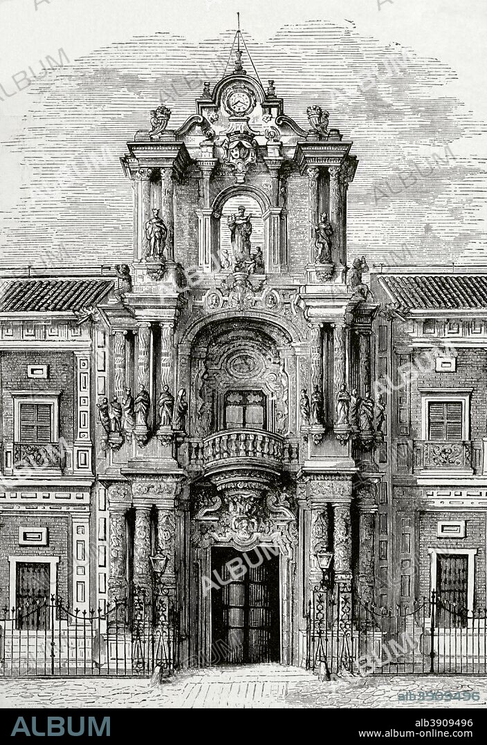 Spain, Andalusia, Seville. The Palace of San Telmo. It was built in 1682 in Baroque style. Churrigueresque portal on the main facade. Engraving. La Ilustracion Espa–ola y Americana, July 30, 1876.