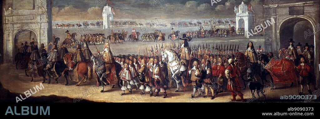 This picture shows the King's procession from the Tower to Whitehall (detail). 'My Lord Monke rode bare after the King, and led in his hand a spare horse, as being Maister of the Horse. The King, in a most rich imbroidered suit and cloak, looked most nobly.' (22nd April 1661). Taken from Pepys, Samuel English diarist and naval administrator; kept diary 1660-1669 (published 1893-1899); president of Royal Society 1684-1686 _1633-1703.
