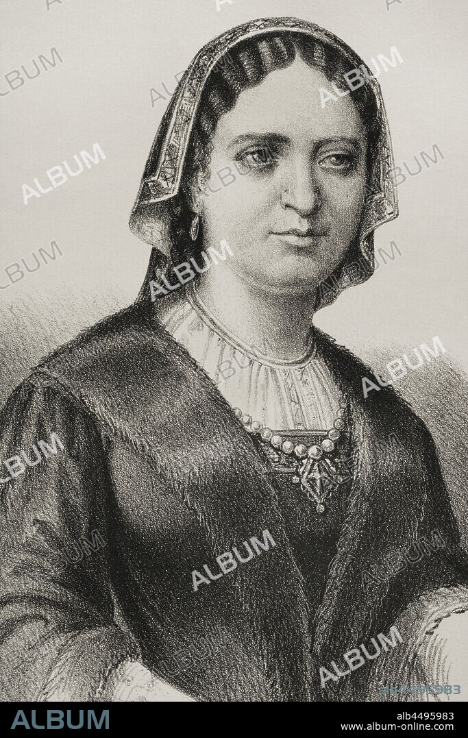 Joanna la Beltraneja (1462-1530). Spanish Infanta, heiress of the Kingdom of Castile. Queen of Portugal as the wife of King Alfonso V. Illustration by Letre. Detail. Lithography. Cronica General de Espa–a. Historia Ilustrada y Descriptiva de sus Provincias. Asturias and Leon, 1867.