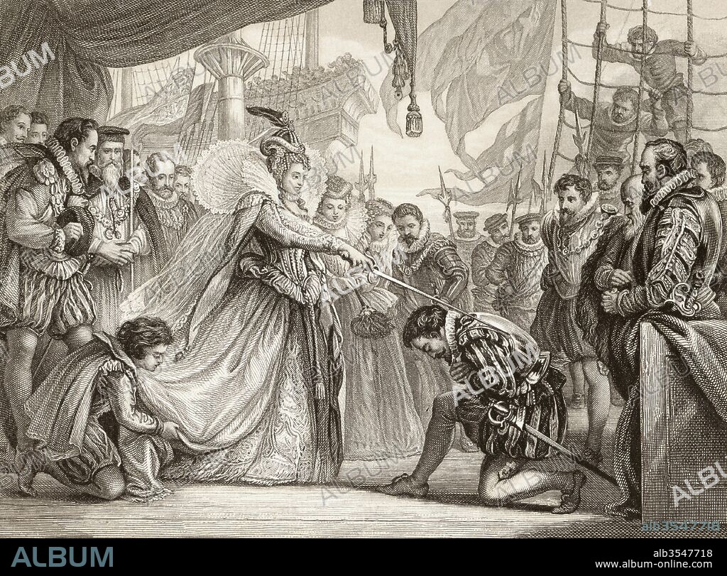Queen Elizabeth knighting Sir Francis Drake on board the Golden Hind at Deptford, London, April 4th, 1581. Elizabeth I ,1533 to 1603. Queen regnant of England and Queen regnant of Ireland 1558 until her death. Sir Francis Drake, Vice Admiral, 1540 to 1596. English sea captain, privateer, navigator, slaver, renowned pirate and politician of the Elizabethan era. From Illustrations of English and Scottish History published 1882.
