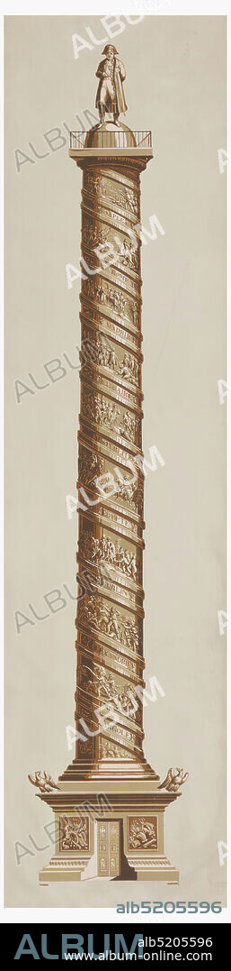 Column, Place Vendome, Paris, Dufour et Leroy, Jules Desfossé, French, active 1851 - 1863, Block-printed paper, Vertical rectangle, with representation of the Vendome Column, surmounted by a figure of Napoleon. Printed in white and browns, on gray ground., Paris, France, 183563, Wallcoverings, Decorative panel, Decorative panel.