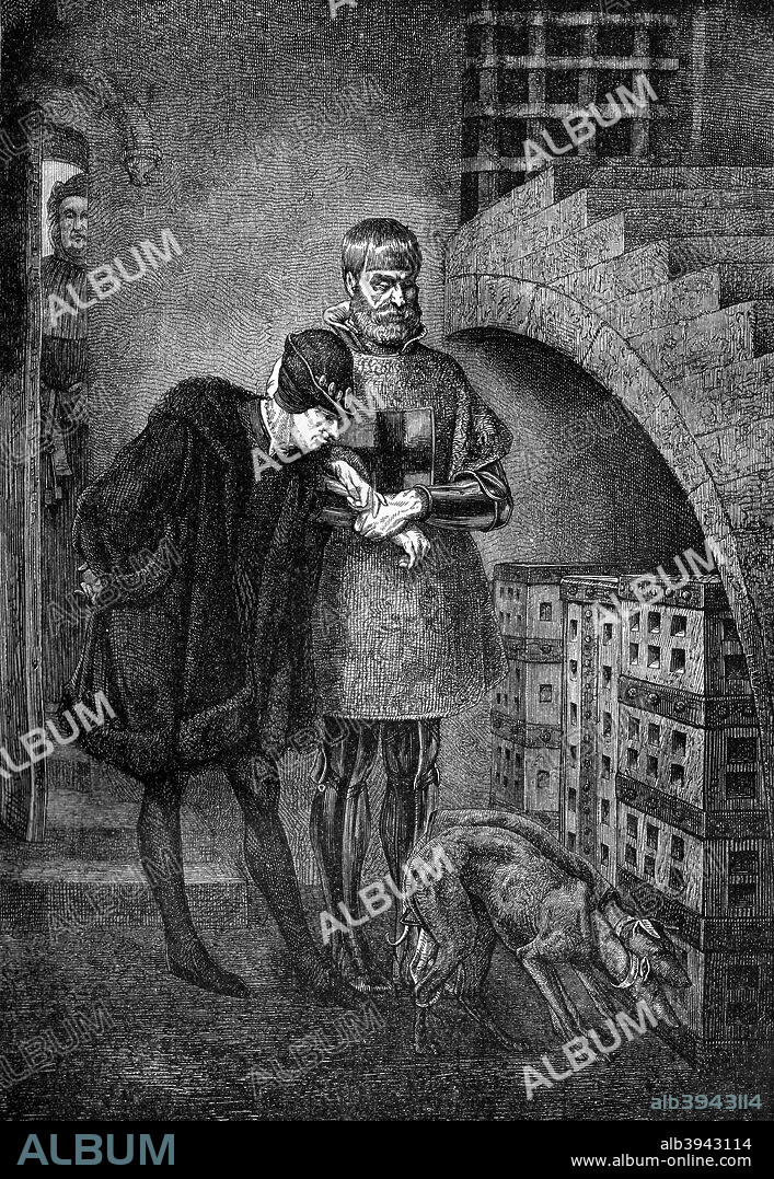 Louis XI of France visiting Cardinal Balue in his iron cage, 1469-1480 (1882-1884). Jean Balue (c1421-1491) was a cardinal and minister of Louis XI. He intrigued with Charles the Bold, Duke of Burgundy, against the king and was imprisoned for 11 years. The popular story that he served his sentence confined in an iron cage is not thought to have been true. He was released in 1480 after the intervention of Pope Sixtus IV. A print from La France et les Français à Travers les Siècles, Volume II, F Roy editor, A Challamel, Saint-Antoine, 1882-1884.