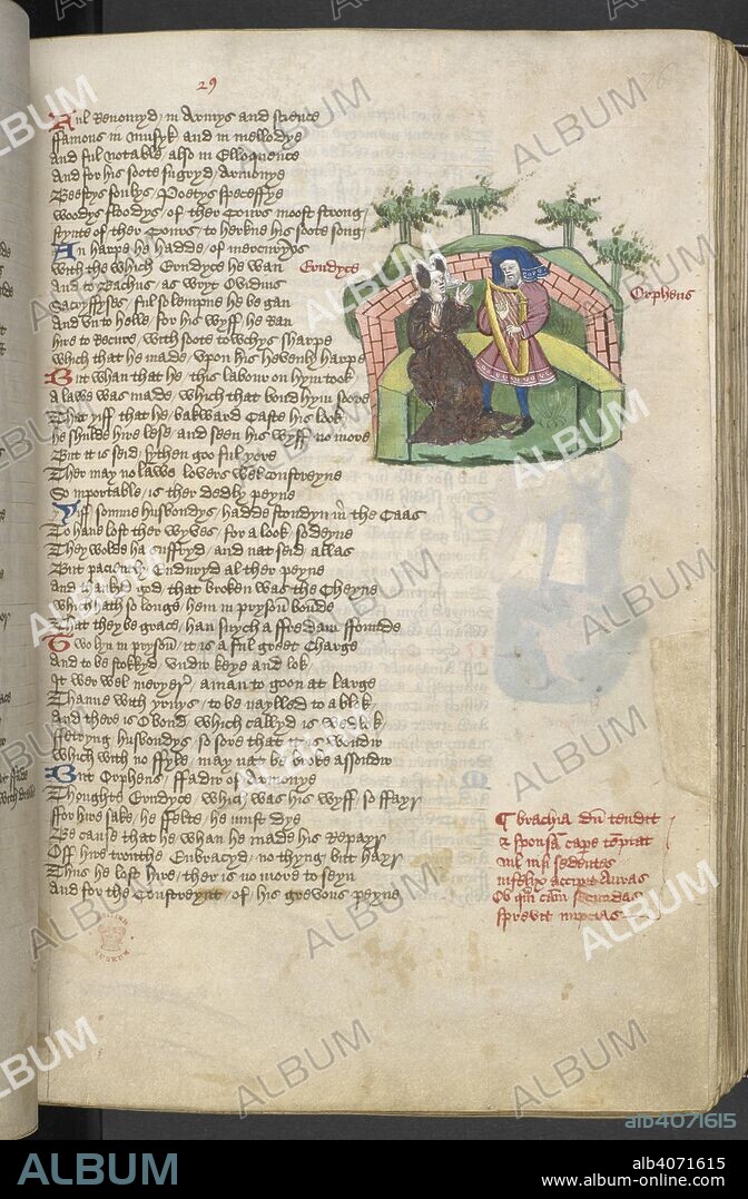 GIOVANNI BOCCACCIO. Euridyce and Orpheus with his harp. The Fall of Princes , abridged. England, S. E. (probably Suffolk, possibly Bury St Edmunds); c. 1450 - c. 1460. Source: Harley 1766, f.76. Language: English.