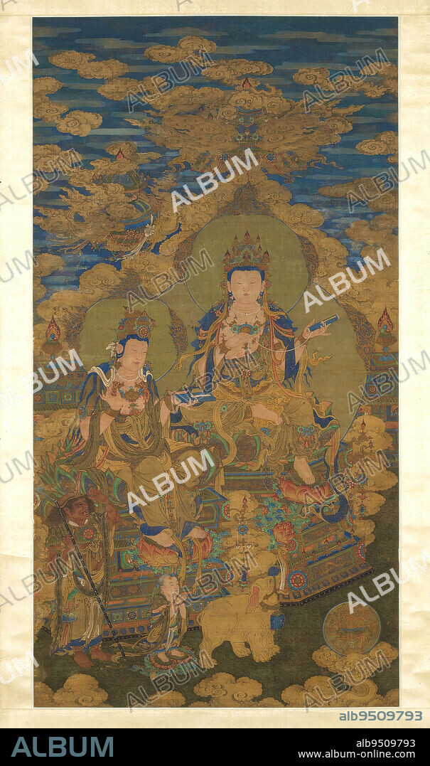 Two versions of bodhisattva Guanyin, c. 1750, Ding Guanpeng, Chinese, active 1740-1768, 60 1/2 x 31 15/16 in. (153.67 x 81.12 cm) (image), Ink and color on silk, China, 18th century, The court painter Ding Guanpeng was prominent during the Qianlong reign (173695) as a painter of Buddhist and Daoist subject matter. In this exquisitely painted hanging scroll, subtle shades of blue and gold combine with fluid drawing and fine details to give the composition a courtly elegance. The scene depicts two versions of Guanyin, the bodhisattva of compassion, each sumptuously attired in silk and jewelry and holding sutras (Buddhist scriptures) while seated in the position of 'royal ease' atop elaborate pedestals. In the foreground are an arhat (one who has attained enlightenment) carrying a walking staff, the child prodigy Sudhana seeking spiritual council, and a six-tusk white elephant, all paying homage to Buddhist thought.