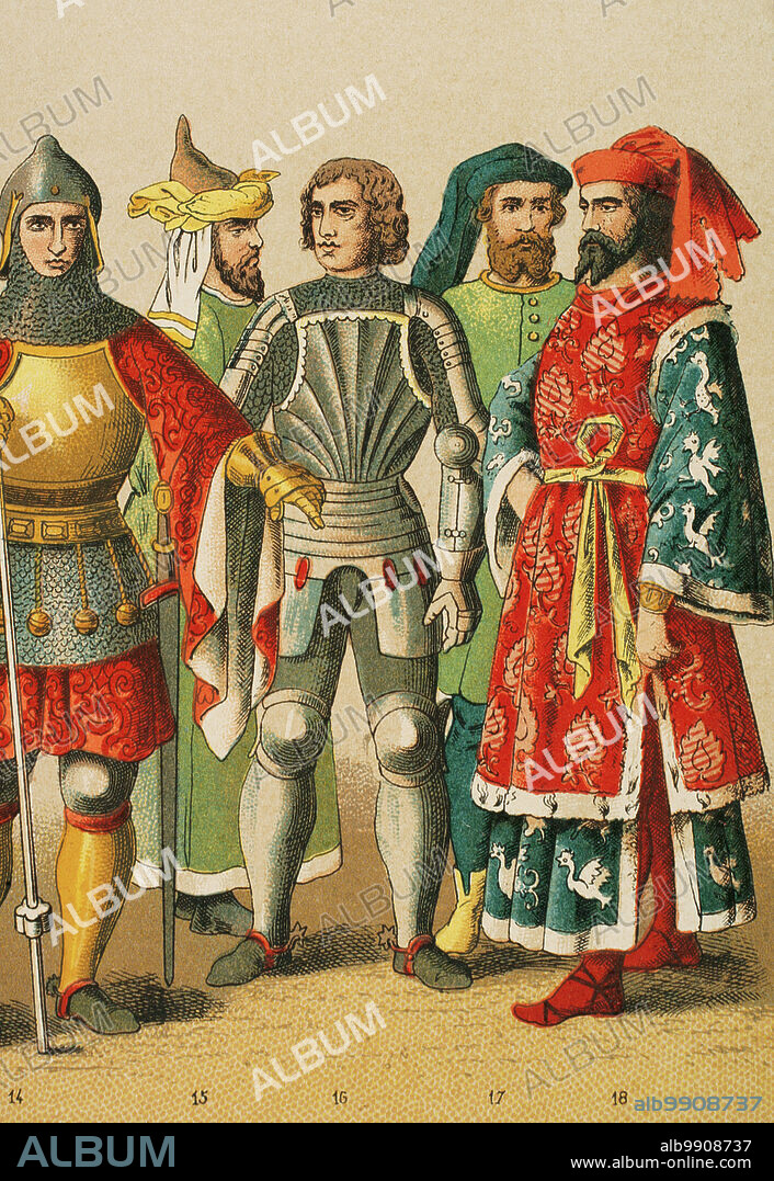 Historia de Alemania. Edad Media. 1400-1450. De izquierda a derecha, 14: caballero, 15: noble, 16: caballero, 17-18: nobles. Cromolitografía. "Historia Universal", por César Cantú. Tomo VII, 1881.