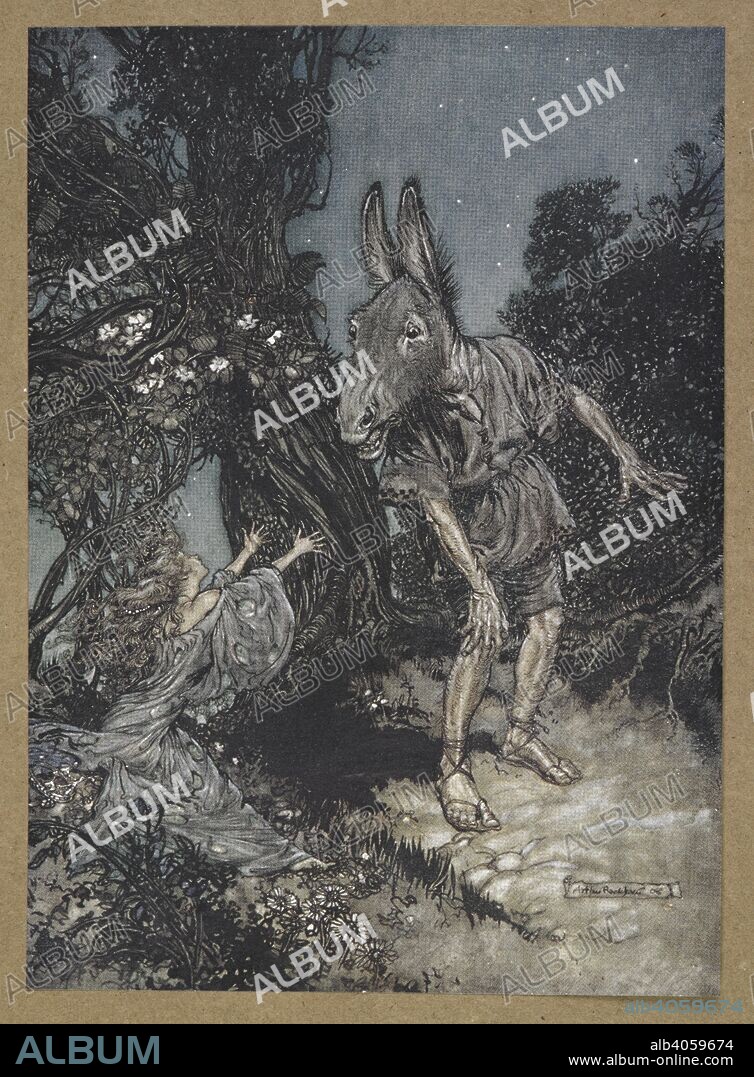 WILLIAM SHAKESPEARE. What angel wakes me from my flowery bed?'  Titania and Bottom. A scene from 'A Midsummer Night's Dream.  . A Midsummer Night's Dream ... With illustrations by Arthur Rackham. London : William Heinemann, 1908. Source: Cup.410.bb.55, facing page 60, 2nd illustration.'.