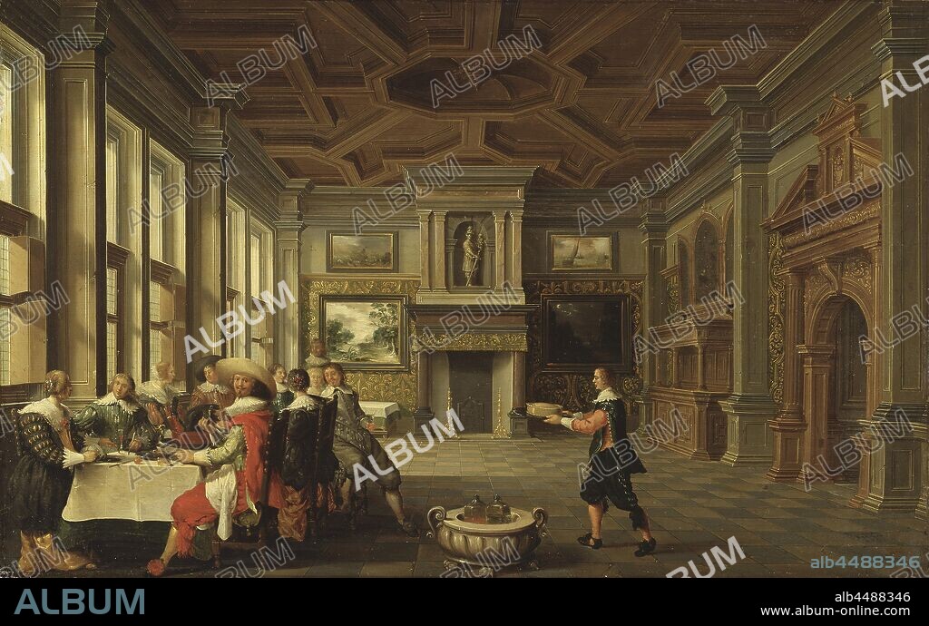 Dirk van Delen, Distinguished Dinner Company in Interior, Interior with renowned table party, painting, 1631, oil on panel, Height, 43.4 cm (17 inches), Width, 68.5 cm (26.9 inches), Signed, Dirck van Delen 1631.