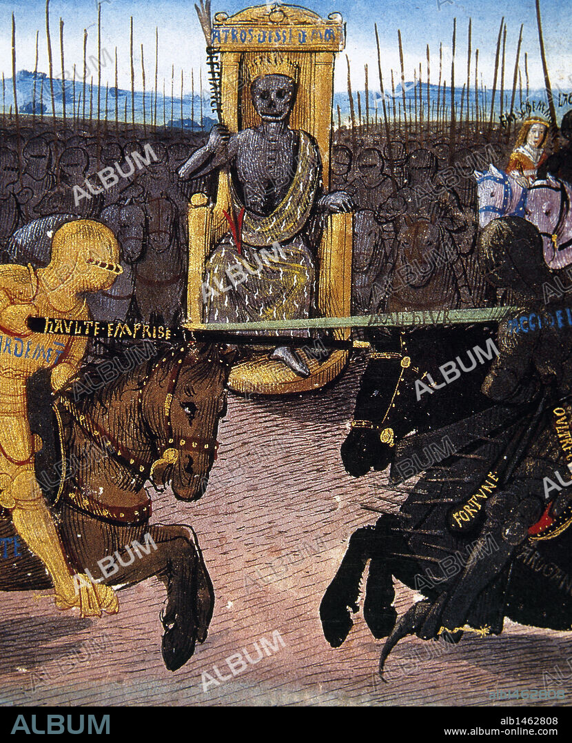 CARLOS "el Temerario" (Dijon, 1433-Nancy, 1477). Duque de Borgoña (1467-1477), hijo de Felipe de Borgoña. Quiso reconstruir la antigua Lotaringia, entre Francia y el Imperio. "LE CHAVALIER DELIBERE". Miniatura del siglo XV con la representación de la "ALEGORIA DE LA MUERTE DE CARLOS EL TEMERARIO POR EL CABALLERO "ACCIDENT". Castillo de Chantilly. Francia.