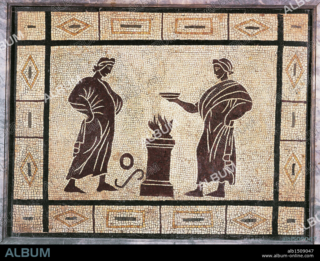 Roman civilization, 1st century A.D. Mosaic depicting a sacrifice scene.
