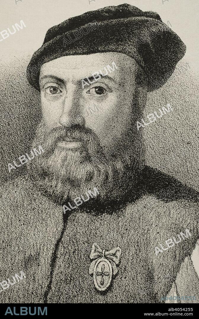 Fernando de Magallanes (1480-1521). Militar, explorador, marino y navegante portugués de linaje noble. Nombrado por la Monarquía Hispánica adelantado y capitán general de la Armada para el descubrimiento de la especería. Dibujo por J. Cebrián. Retrato, detalle. Litografía. Crónica General de España, Historia Ilustrada y Descriptiva de sus Provincias. Andalucía, 1867. Biblioteca Histórico Militar de Barcelona, Cataluña, España.