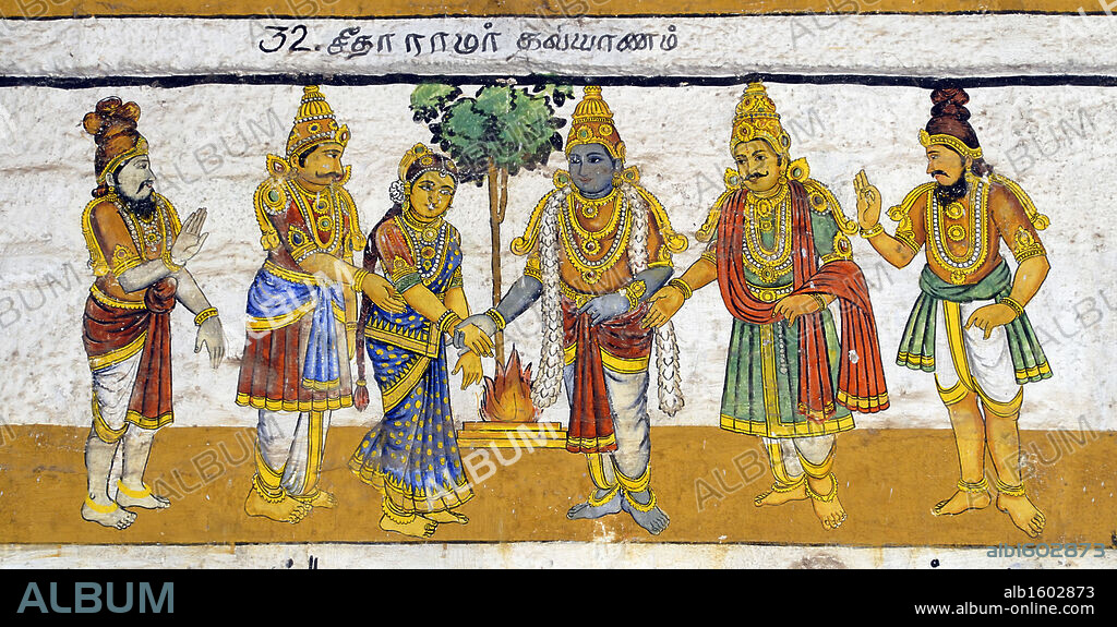 Murals- Epic Ramayana-Wall Paintings in Ramasamy Temple at Kumbakonam, Tamil Nadu, India- Wedding of Rama with Sita. Artist Unknown.