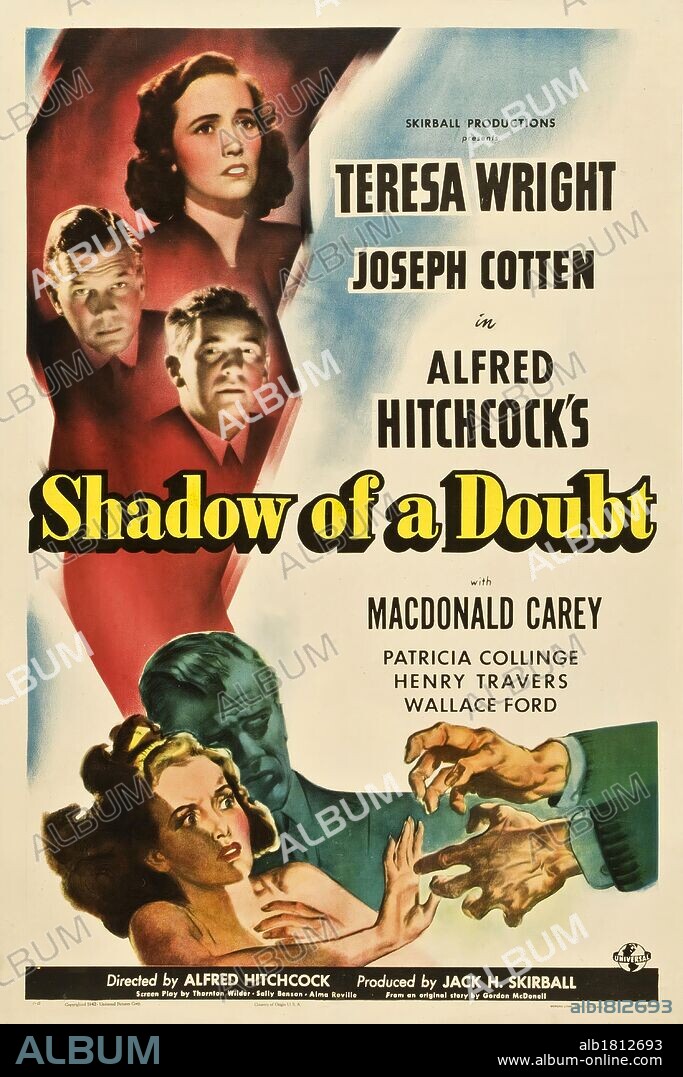 Poster de LA SOMBRA DE UNA DUDA, 1943 (SHADOW OF A DOUBT), dirigida por ALFRED HITCHCOCK. Copyright UNIVERSAL PICTURES.