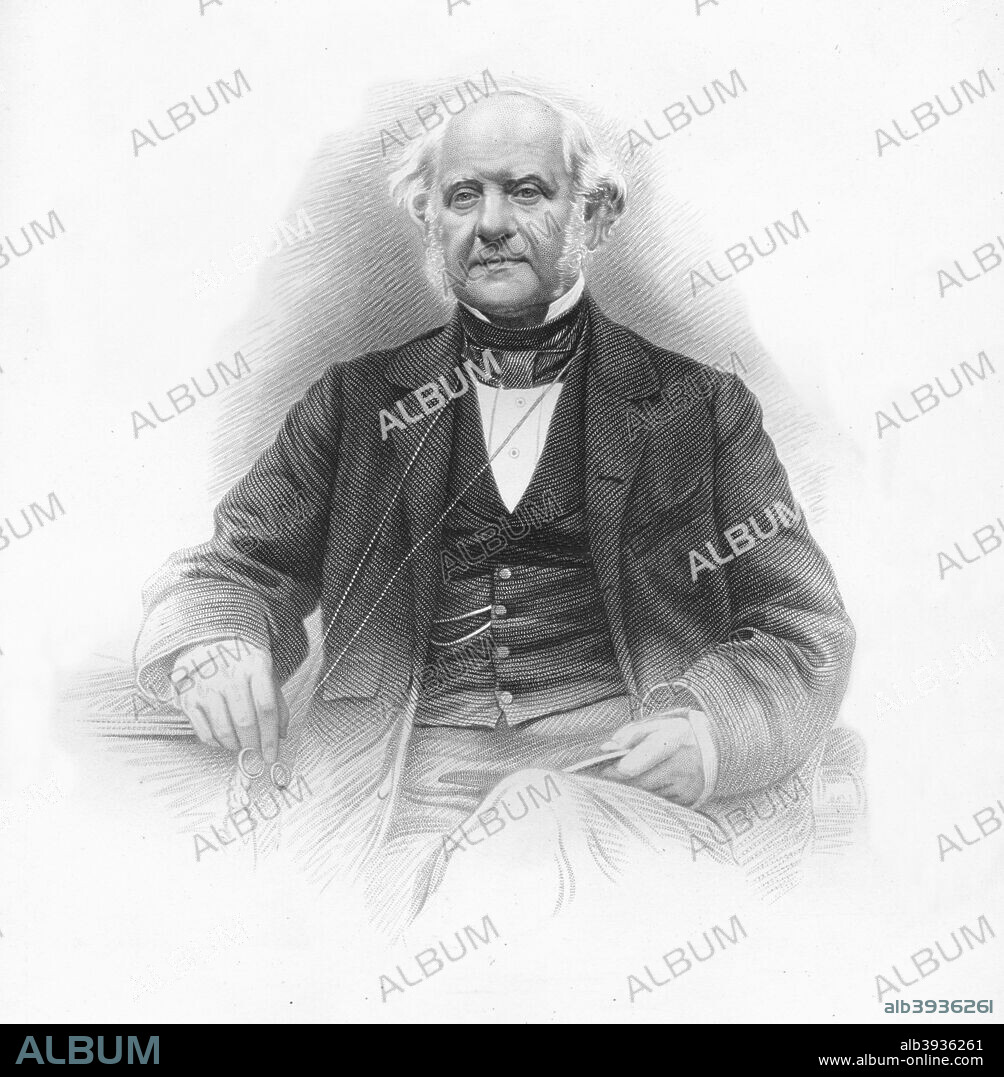 'George Peabody', 1859. American-British financier widely regarded as the father of modern philanthropy. After a photograph of John Jabez Edwin Paisley Mayall of London (1813-1901). From The History of England Div XIII by David Hume & Tobias Smollett. [Virtue & Co., London, 1859].