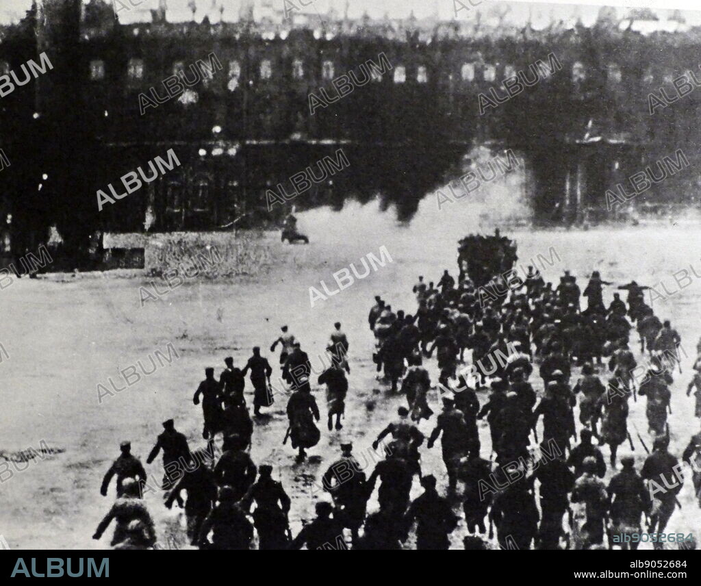 Photograph of Bolsheviks soldiers dashing across Petrograd's Palace Square during their successful November 7, 1917 attack on the Winter Palace headquarters of the Provisional Government. Dated 20th Century.