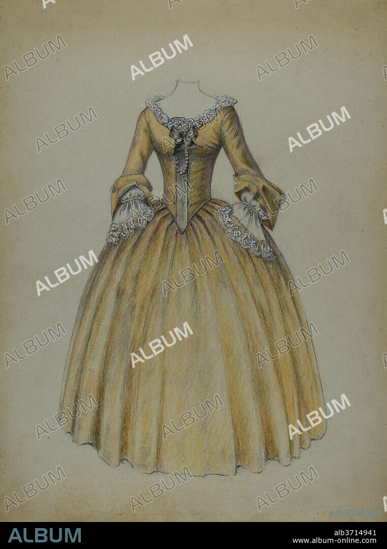 JESSIE M. BENGE. Dress. Dated: c. 1940. Dimensions: overall: 30.5 x 22.8 cm (12 x 9 in.). Medium: graphite, colored pencil, and gouache on paper.
