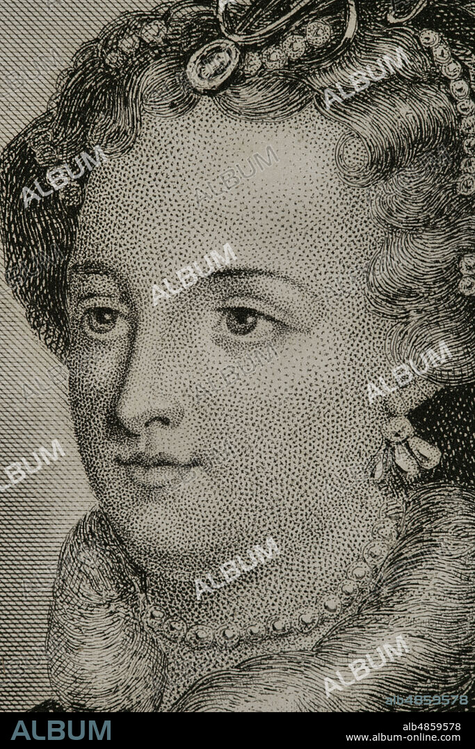 María Estuardo. María I de Escocia (1542-1587). Reina de Escocia (1542-1567). Tras su matrimonio con Francisco II de Francia, ocupó a su lado el trono de Francia (1559). Estuvo dieciocho años prisionera y fué condenada a muerte por conspirar contra la vida de la reina de Inglaterra. En febrero de 1587 la reina Isabel I de Inglaterra ordenó decapitar a María Estuardo, muriendo como una mártir católica. Retrato. Grabado. Detalle. Historia de las persecuciones políticas y religiosas en Europa. Tomo IV. Editado en Barcelona, 1865.