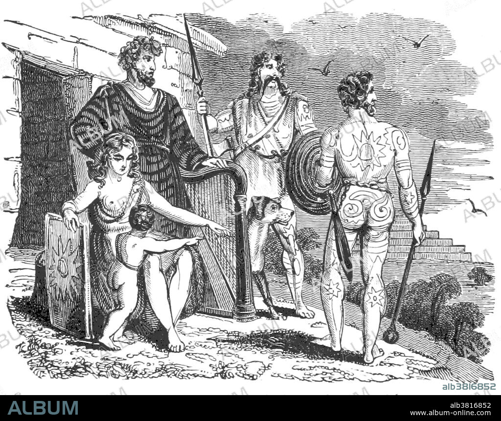 The Britons were the people who spoke the Insular Celtic language known as Common Brittonic. They lived in Great Britain during the Iron Age, the Roman era and the post-Roman era. Caledonia is the Latin name given by the Romans to the land in today's Scotland north of their province of Britannia, beyond the frontier of their empire. The Picts were a tribal confederation of Celtic peoples during the Late Iron Age and Early Medieval periods living in ancient eastern and northern Scotland. The Picts are often said to have tattooed themselves, but evidence for this is limited. Captioned, "Costume of an ancient Briton, Caledonian, and pagan Irish Bard", taken from page 30 of "The History of England; from the invasion of Julius Caesar to the Revolution in 1688" by D. Hume with a continuation, from that period to the death of George the Second, by Tobias Smollett and Chronological Records to the coronation of his present Majesty, George the Fourth, by John Burke with numerous engravings, 1825.
