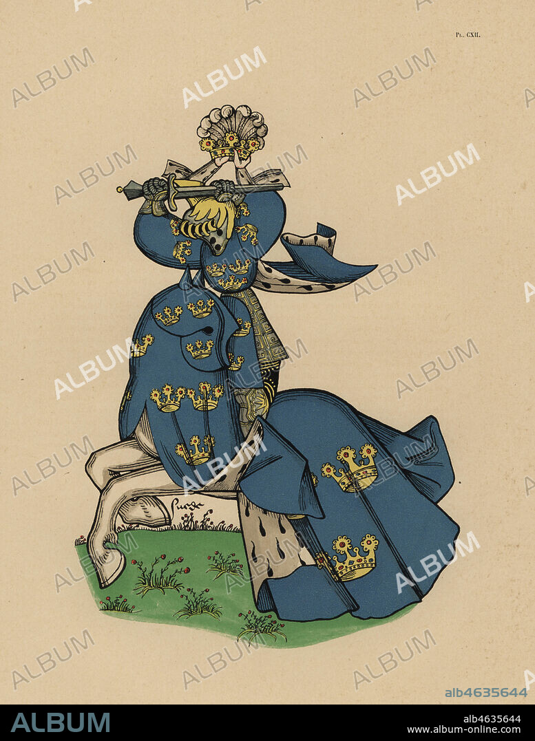 King of Sweden, roi de Suede. Chromolithograph from Loredan Larchey's Ancien Armorial Equestre de la Toison d'Or et de l'Europe au 15e siecle (Ancient Equestrian Armorials of the Order of the Golden Fleece and Europe in the 15th century), Paris, 1890. From illustrated manuscript 4790 in the Bibliotheque de l'Arsenal.