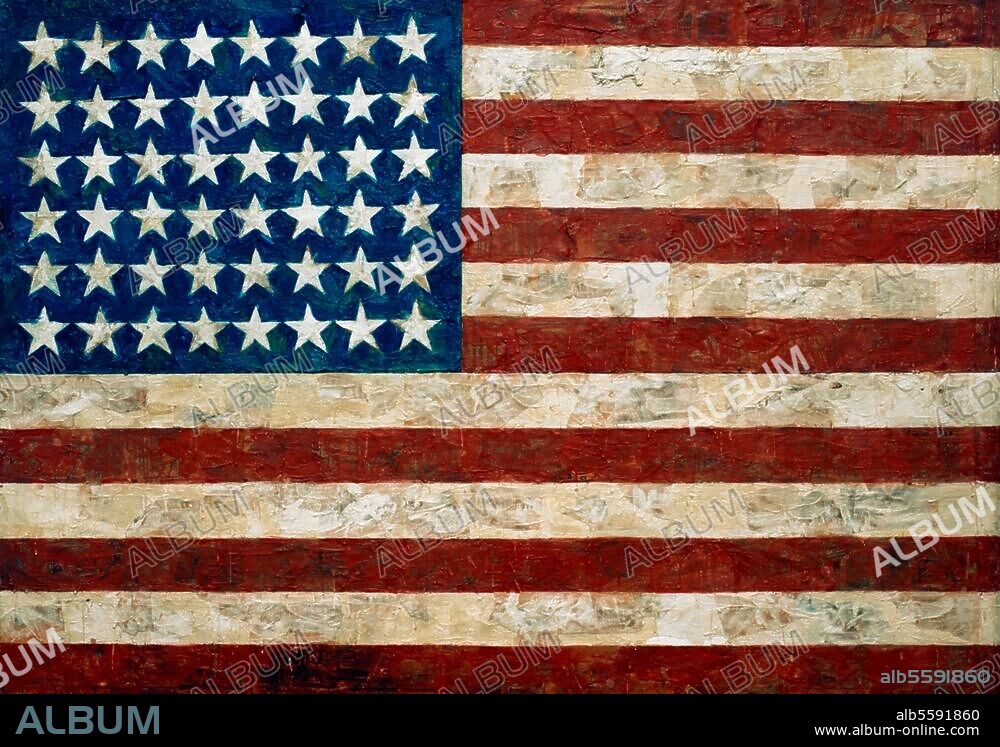 JASPER JOHNS. Johns, Jasper geb. 1930. "Flag" (Flagge), 1954/55. Enkaustik, \l und Collage auf Stoff, auf Sperrholz montiert (drei Teile), 107,3 × 154 cm. Schenkung Philip Johnson zu Ehren von Alfred H. Barr Jr., New York, Museum of Modern Art.