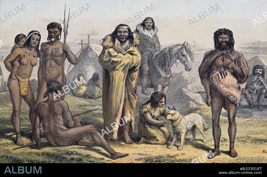 Montage of native inhabitants of South America; Bobocudos, inhabitants the Brazilian state of Minas Gerais (left) and Patagonians from Tierra del Fuego (Right), circa 1880.