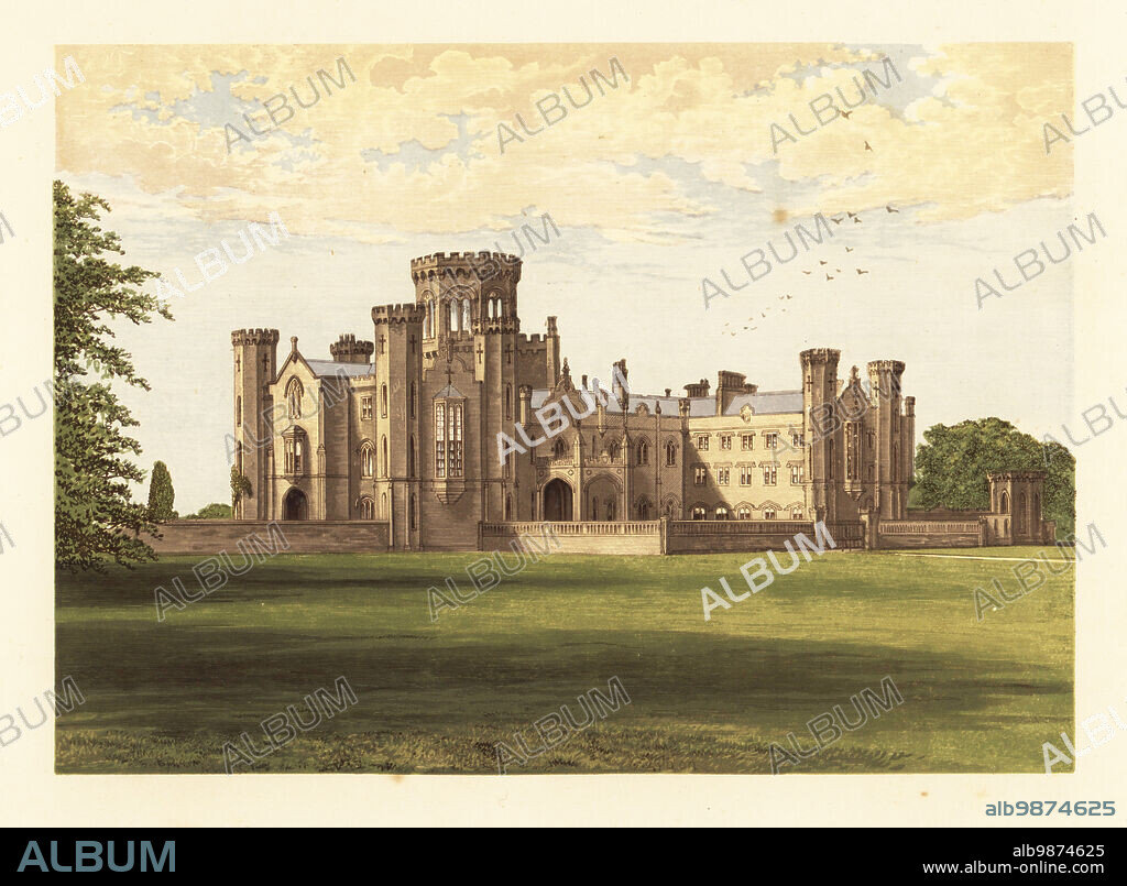 Studley Castle, Warwickshire, England. Gothic Revival style castle from designs by Samuel Beazley built in 1836 for Sir Francis Lyttelton Holyoake Goodricke, 1st Baronet. Colour woodblock by Benjamin Fawcett in the Baxter process of an illustration by Alexander Francis Lydon from Reverend Francis Orpen Morriss Picturesque Views of the Seats of Noblemen and Gentlemen of Great Britain and Ireland, William Mackenzie, London, 1880.