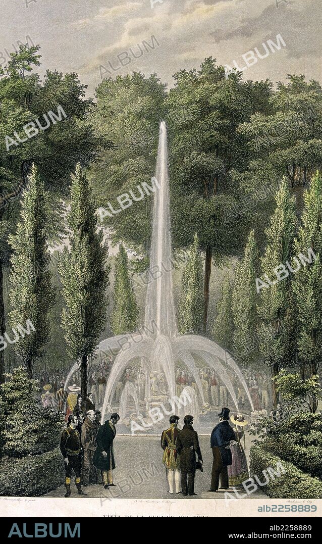 MADRID. ARANJUEZ. FUENTE DEL CISNE EN LOS JARDINES DE LA ISLA. DIBUJO DE FERNANDO BAMBRILLA. MADRID 1837.
