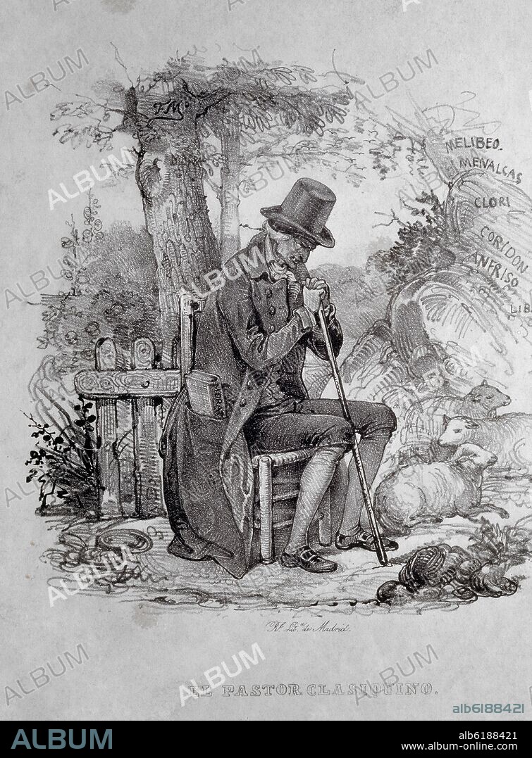 FEDERICO DE MADRAZO Y KUNTZ (1815-1894). EL PASTOR CLASIQUINO - LITOGRAFIA - 1835 - ROMANTICISMO ESPAÑOL - ILUSTRACION DE LA REVISTA EL ARTISTA.