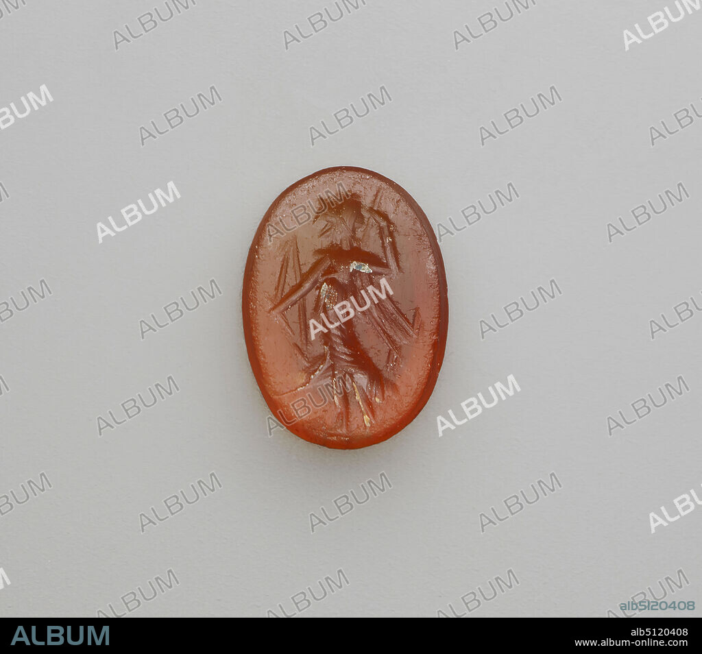 Carved Intaglio Gemstone with standing figure of Artemis, 1st2nd century A.D., Carnelian, 0.85 × 0.6 × 0.3 cm (5/16 × 1/4 × 1/8 in.), Roman, Syrian, Roman (1st2nd century A.D.), Jewelry.