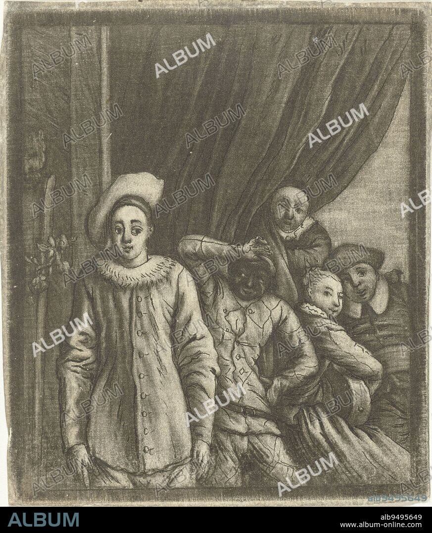 Commedia dell'arte characters Pierrot and Harlequin, in the background a group of people including a guitar player near a curtain, probably Colombina and Pantalone, Pierrot and Harlequin, ca 1700, print maker: anonymous, Netherlands, (possibly), 1690 - 1800, paper, etching, h 108 mm × w 92 mm.