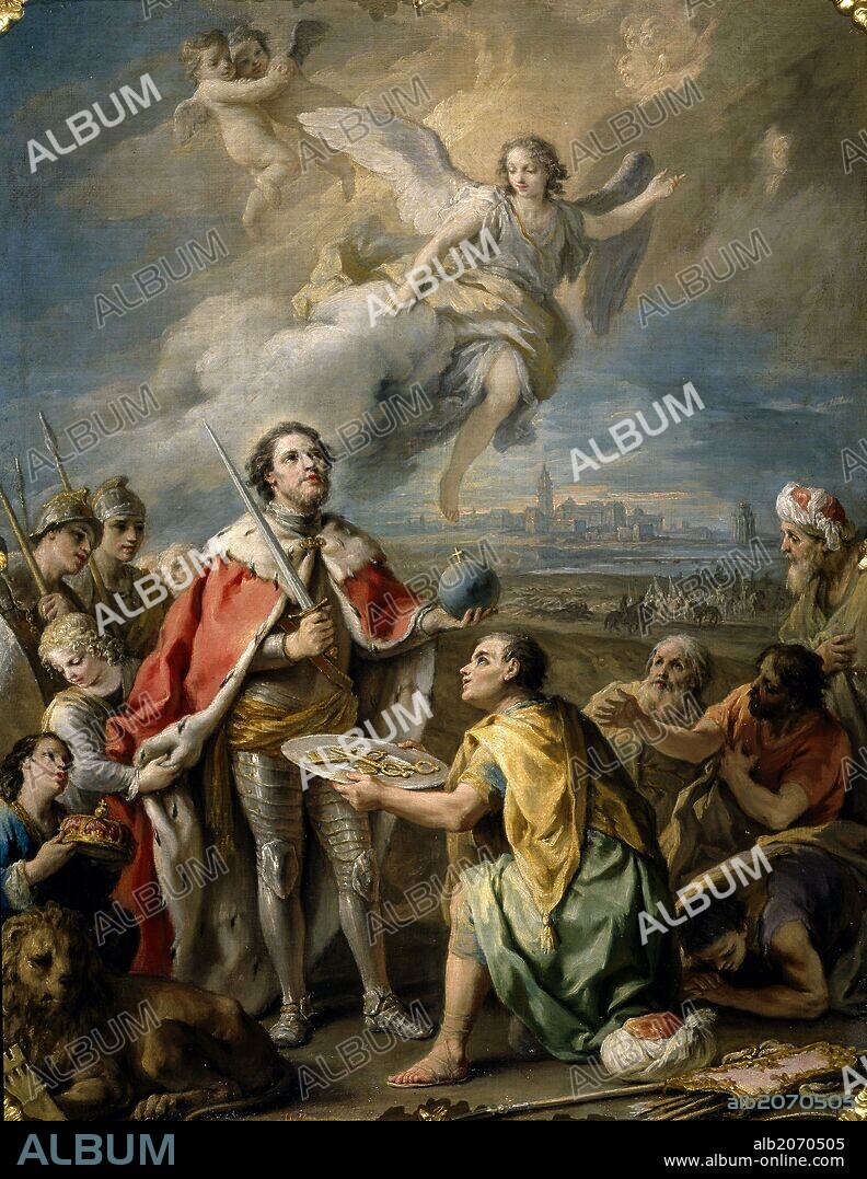 Charles Joseph Flipart / 'Rendición de Sevilla al rey San Fernando', Segunda mitad del siglo XVIII, Escuela Francesa, Óleo sobre Lienzo, 72 cm x 56 cm, P00013.