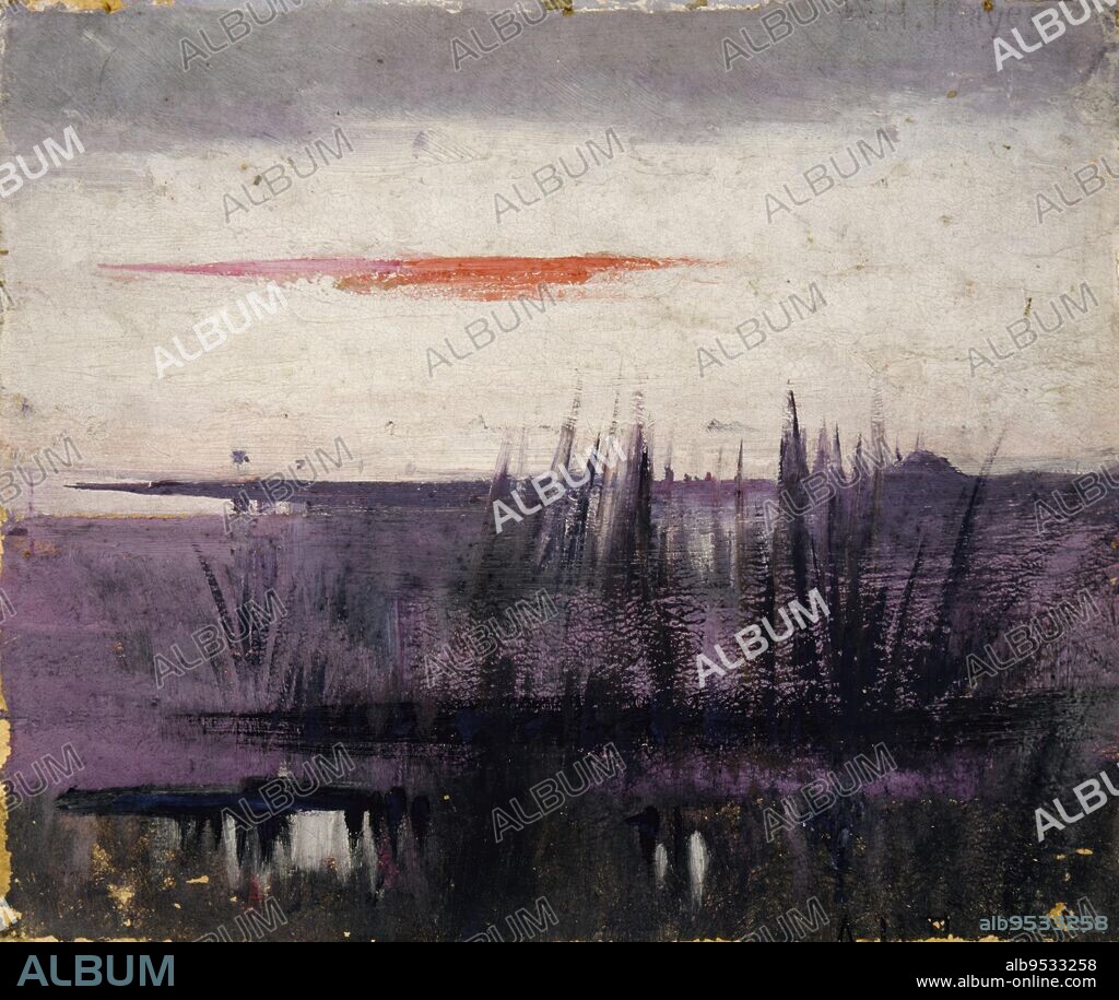 ABBOTT HANDERSON THAYER. The Sky Simulated by White Flamingoes study for book, Concealing Coloration in the Animal Kingdom. oil on wood. Date: ca. 1905-1909.