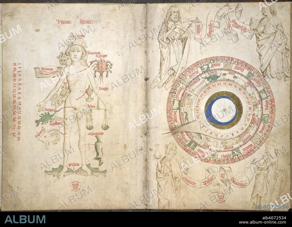 Zodiacal figure and diagram. Guild Book of the Barber Surgeons of York. England [York]; 1486, with additions to 1768. [Whole opening] Drawing of a male figure, as influenced by the zodiacal signs. Right; a circular zodiacal lunar scheme, with the rotary disk and pointer, representing the Sun. This device was used for locating the position of the Moon in the zodiac, to find propitious dates for blood-letting. At the four corners are the patron saints of the Guild; St John, St John the Baptist, St Cosmas, and St Damian  Image taken from Guild Book of the Barber Surgeons of York.  Originally published/produced in England [York]; 1486, with additions to 1768. . Source: Egerton 2572, ff.50v-51. Language: English and Latin.