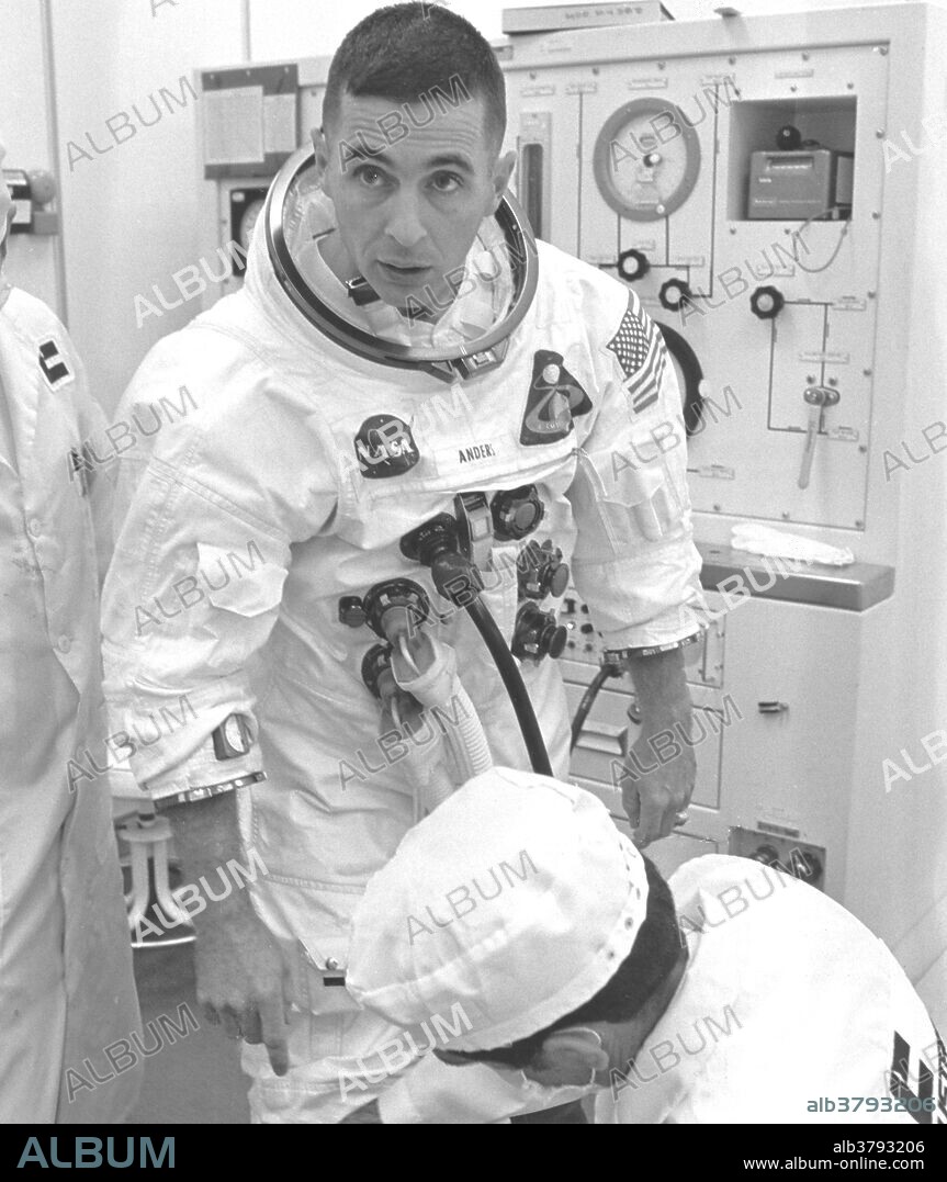 The Apollo 8 Lunar Module (LM) pilot, William Anders, suits up for launch. The first manned Apollo mission launched aboard the Saturn V and first manned Apollo craft to enter lunar orbit, the SA-503, Apollo 8 mission lift off occurred on December 21, 1968 and returned safely to Earth on December 27, 1968. Aboard were Anders and fellow astronauts James Lovell, Command Module (CM) pilot; and Frank Borman, commander. The mission achieved operational experience and tested the Apollo command module systems, including communications, tracking, and life-support, in cis-lunar space and lunar orbit, and allowed evaluation of crew performance on a lunar orbiting mission. The crew photographed the lunar surface, both far side and near side, obtaining information on topography and landmarks as well as other scientific information necessary for future Apollo landings. All systems operated within allowable parameters and all objectives of the mission were achieved.