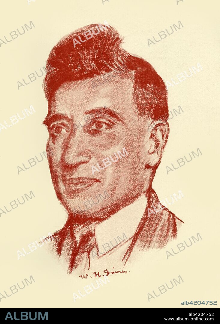 'W. H. Davies', 1928. Portrait of Welsh poet and writer William Henry Davies (1871-1940). From "The Bookman - Special Christmas Number 1928". [Hodder & Stoughton Ltd, London, 1928].