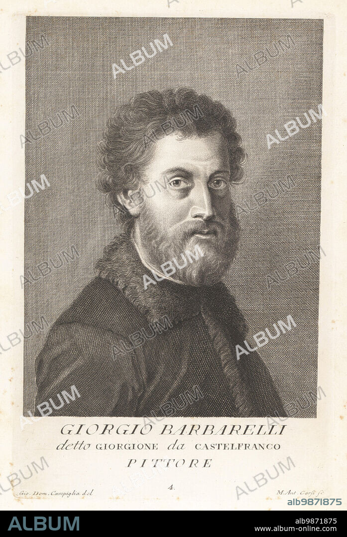 Giorgione, born Giorgio Barbarelli da Castelfranco, c.1477-1510, Italian painter of the Venetian school during the High Renaissance. Died of the plague in Venice (according to Vasari). With short hair, beard, fur-trimmed coat. Giorgione da Castelfranco, Pittore. Copperplate engraving by Marcantonio Corsi after Giovanni Domenico Campiglia after a self portrait by the artist from Francesco Moucke's Museo Florentino (Museum Florentinum), Serie di Ritratti de Pittori (Series of Portraits of Painters) stamperia Mouckiana, Florence, 1752-62.