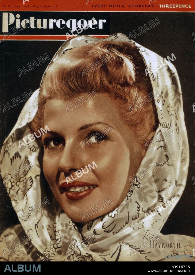 Rita Hayworth (1918-1987), American actress, 1948. From the front cover of Picturegoer magazine (10 April 1948).  Cropping restrictions are in place.