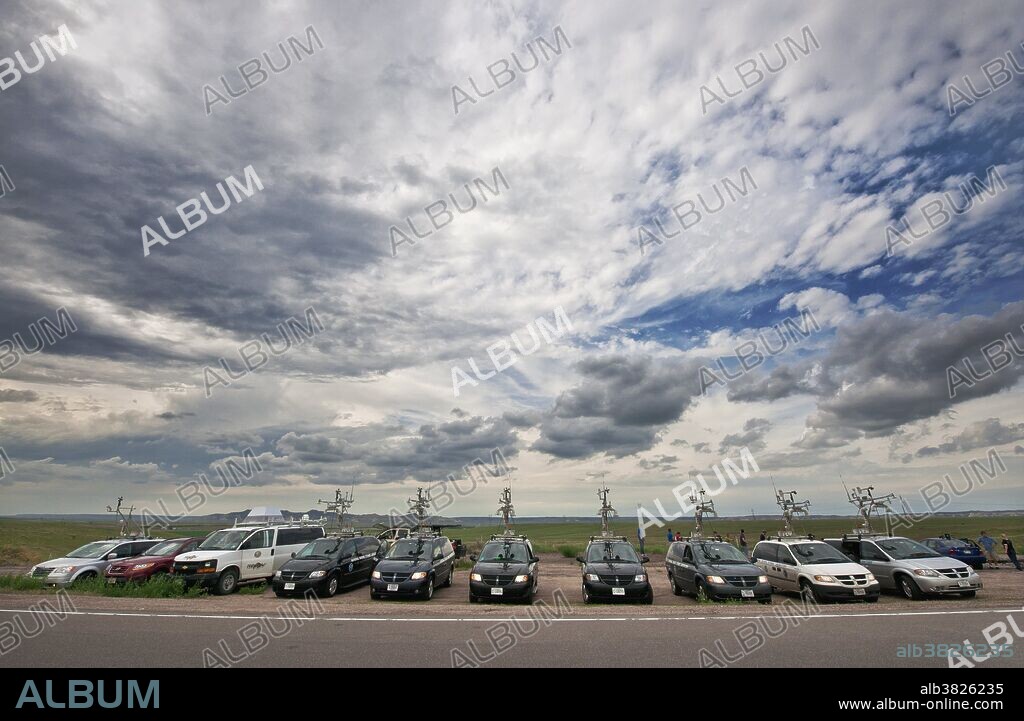 Tornado probe vehicles, with roof-mounted mobile mesonet units, are readied for anticipated severe weather in western Nebraska on June 9, 2010. The tornado probes played a crucial role in VORTEX 2, an unprecedented two-year science project to study tornadoes in the United States in 2009 and 2010.