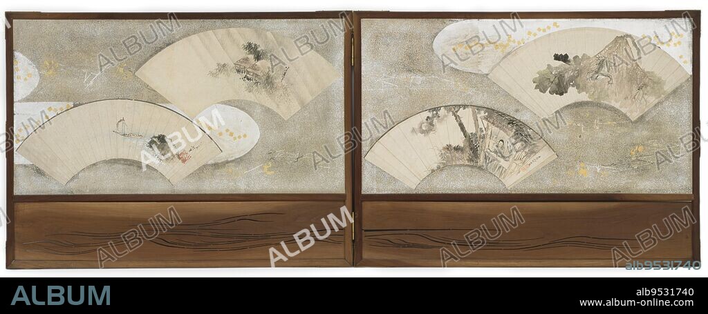 KATSUSHIKA HOKUSAI. Four fan paintings mounted on a screen; "Frog on Lotus Leaf", "Scholar in a House", "Landscape", and "Boat and Rock". Origin: Japan. Period: Edo period. Ink and color on paper. Date: frog, ca.1814-15; scholar, ca. 1801-03; landscape, ca. 1825-30; boat, ca.1841.