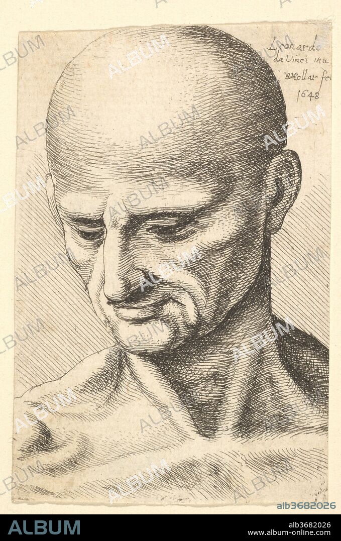 Head of a bald, sinewy man looking downwards. Artist: After Leonardo da Vinci (Italian, Vinci 1452-1519 Amboise). Dimensions: Sheet: 2 5/8 × 1 3/4 in. (6.7 × 4.4 cm)
cut 1mm into image at top and bottom. Etcher: Wenceslaus Hollar (Bohemian, Prague 1607-1677 London). Date: 1648.
Head of a bald, sinewy man looking downwards, after Leonardo da Vinci.