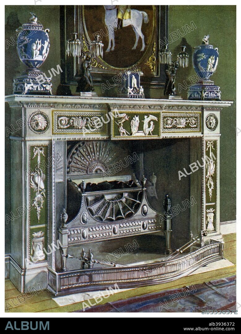 Wedgwood Flaxman chimneypiece, Fontainebleau, France, 1911-1912. A print from The Book of Decorative Furniture its Form, Colour and History, Volume II by Edwin Foley, TC and EC Jack Ltd, London, 1911-1912.