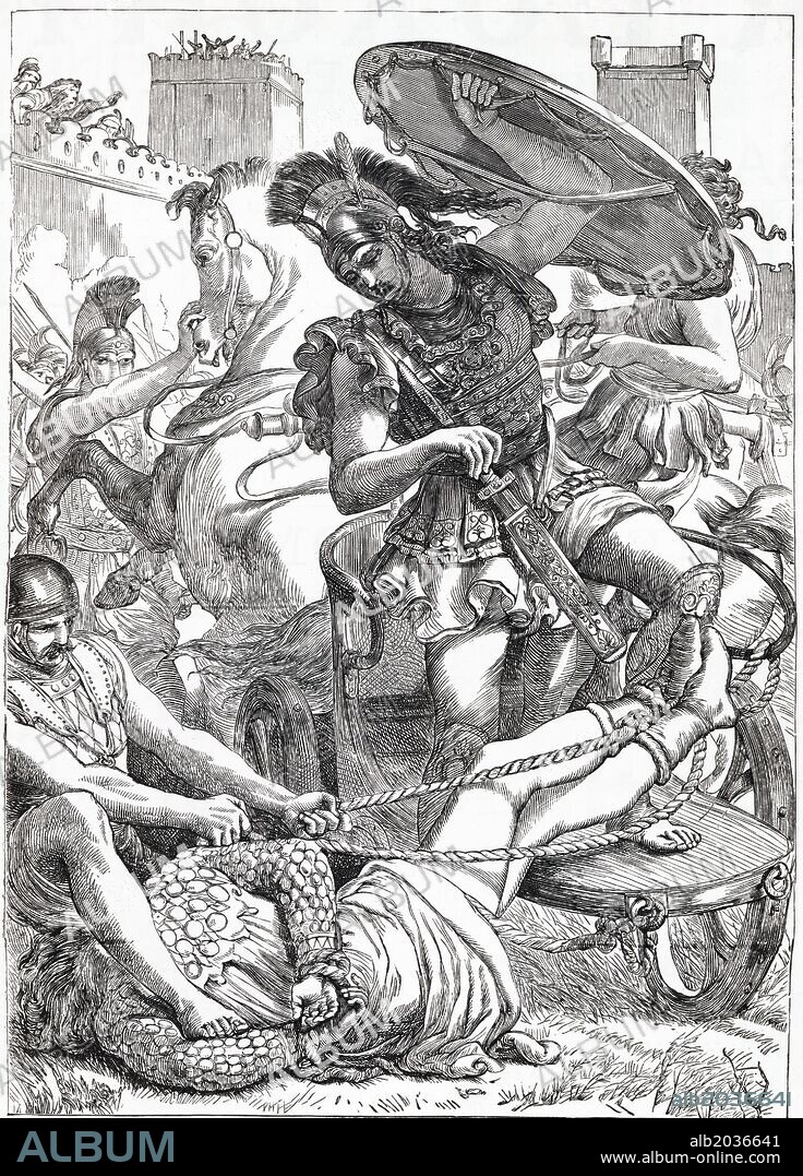 Guerra de Troya. Aquiles arrastra en su carro de guerra el cadáver de Héctor. Grabado de 1886.
