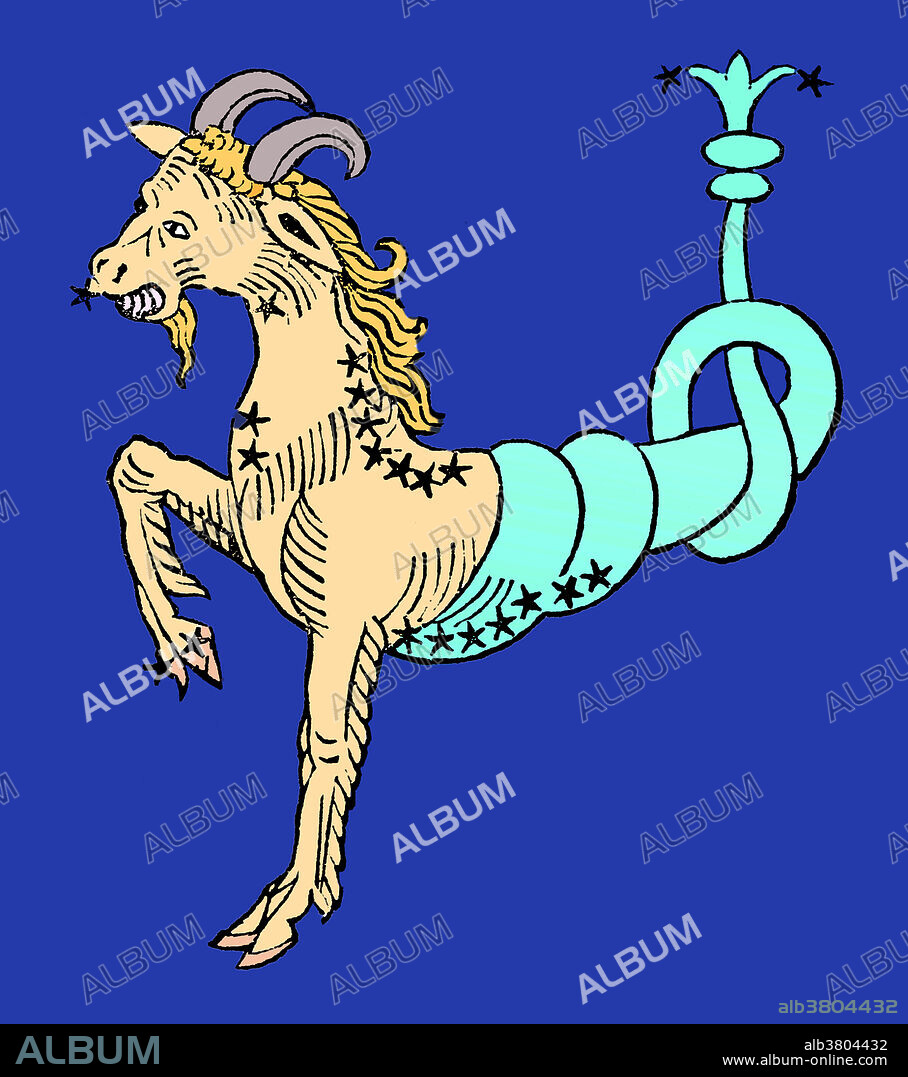 Colorization of the zodiac sea-goat of Capricornus. Capricornus, often called capricorn, is one of the constellations of the zodiac. It is commonly represented in the form of a sea-goat: a mythical creature that is half goat, half fish. Capricornus was one of the 48 constellations described by the 2nd century astronomer Ptolemy and is now one of the 88 modern constellations defined by the International Astronomical Union. Capricorn is the tenth astrological sign in the Zodiac, originating from the constellation of Capricornus. It spans the 270-300th degree of the zodiac, between 270 and 305.25 degree of celestial longitude. The Sun transits this area of the zodiac from December 22 to January 19 each year.
