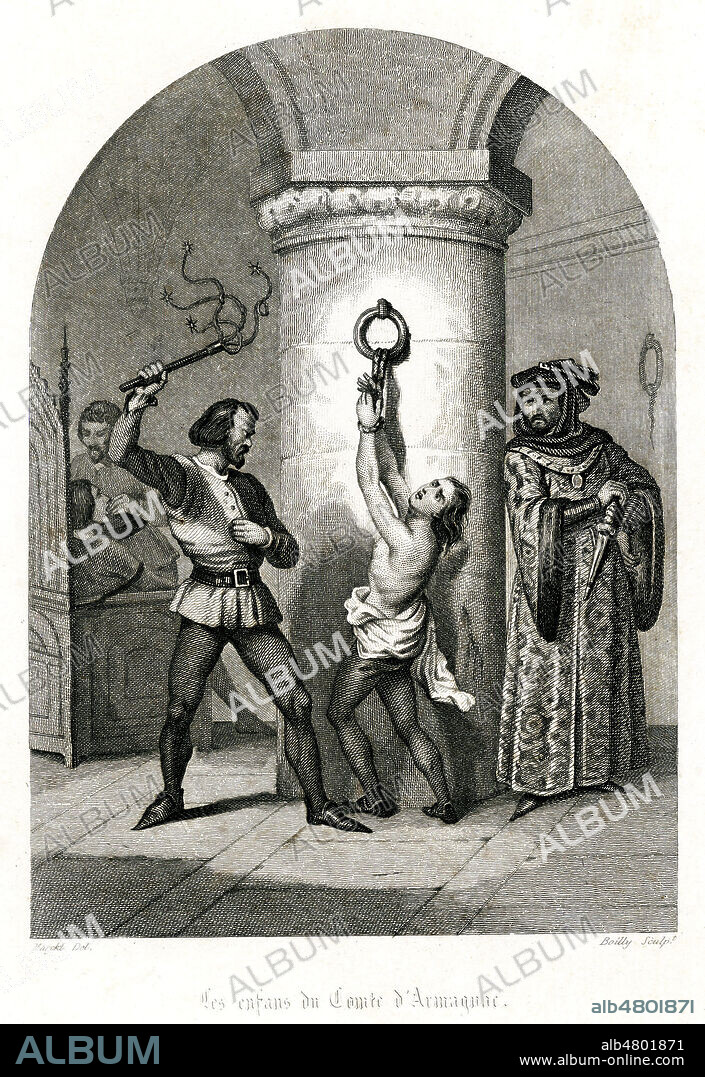 Les enfants du comte Jacques d'ARMAGNAC (1433-1477) fouettes regulierement a la Bastille apres l'execution de leur pere par ordre de LOUIS XI (1423-1483). Illustration de 1844 par MARKL pour Histoire de la Bastille par A. ARNOULD, ALBOIZE du PUJOL et Auguste MAQUET. Credit : Collection Jonas/Kharbine-Tapabor.