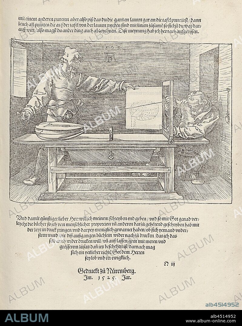 Perspective drawing with folding board and string, Two Men Constructing a Lute, F. 87v, p. 182, Dürer, Albrecht, 1525, Albrecht Dürer: Underweysung der Messung, mit dem Zirckel und Richtscheyt, in Linien ebnen unnd gantzen Corporen. [Nürnberg], [s. n.], [1525.].