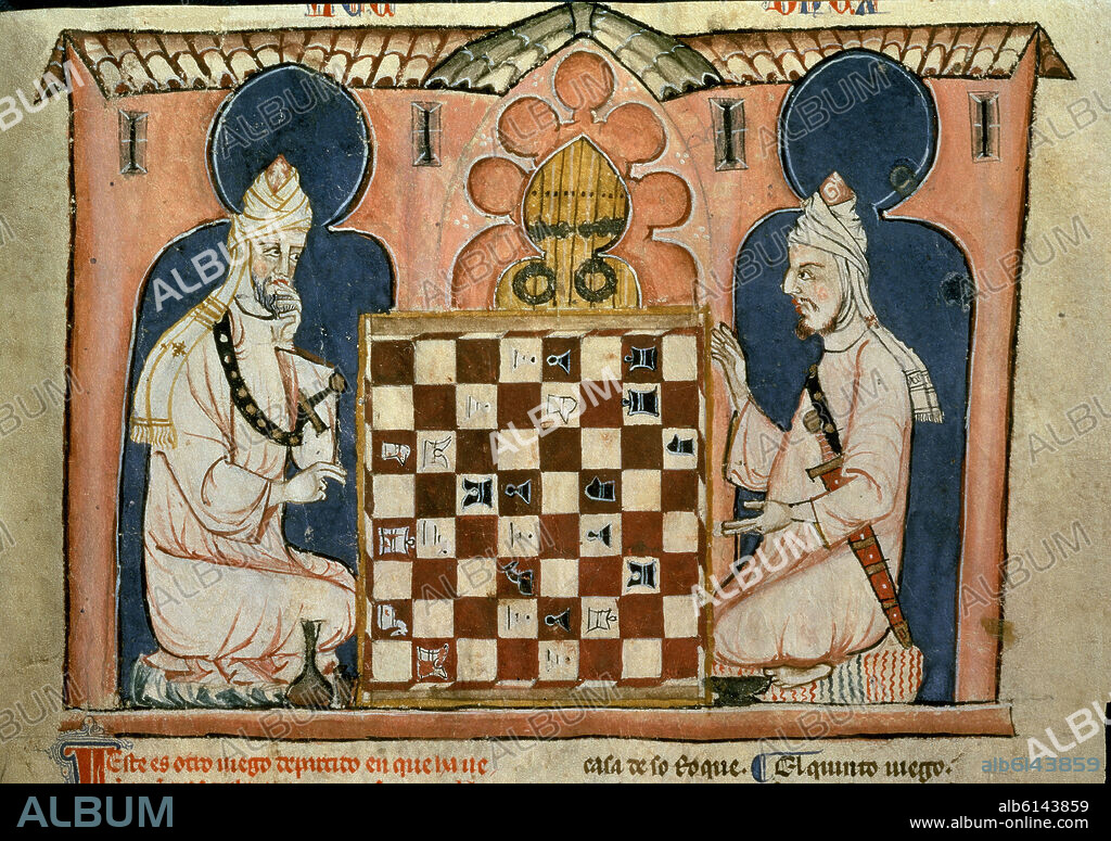 ALFONSO X DE CASTILLA EL SABIO. LIBRO DE JUEGOS O LIBRO DEL AJEDREZ DADOS Y TABLAS - 1283 - DETALLE DE DOS ARABES JUGANDO AL AJEDREZ - FOLIO 12R - MINIATURA ARABE - CONJ Nº 90017.