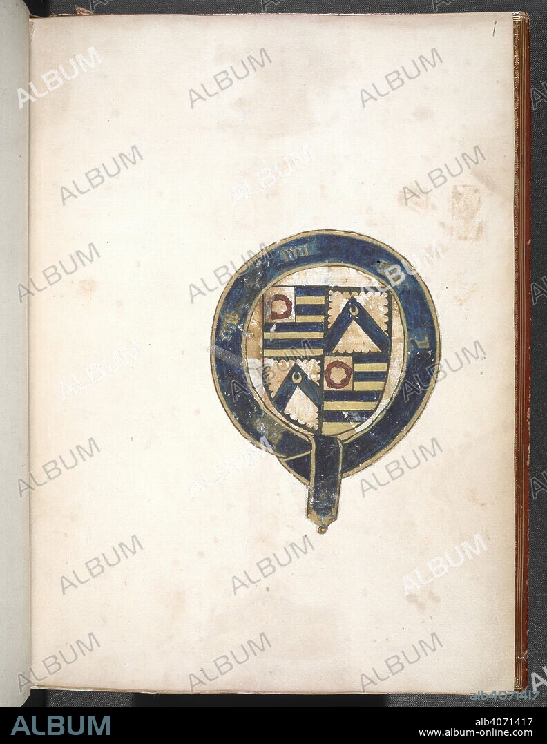 Coat of arms of Sir Thomas Holme. Sir Thomas Holme's Book of Arms: anonymous verses on the kings of England ... (Folios 1 to 8v). England, S. E. (probably London); c. 1445-c. 1450. Numerous coloured drawings of English kings in armour and tabard, presenting a plaque with verses. Source: Harley 4205 f.i. Language: English. Gothic cursive.