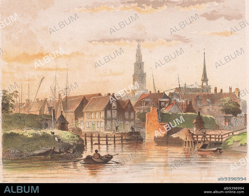 On the horizon the towers of the Martinikerk and the Broerkerk, View of Groningen from the Noorderhaven Noorder-Haven , print maker: Carel Christiaan Antony Last, (mentioned on object), printer: Emrik & Binger, (mentioned on object), publisher: A.L. Scholtens, (mentioned on object), printer: Haarlem, publisher: Groningen, publisher: Groningen, after 1857 - 1869, paper, h 230 mm × w 300 mm.